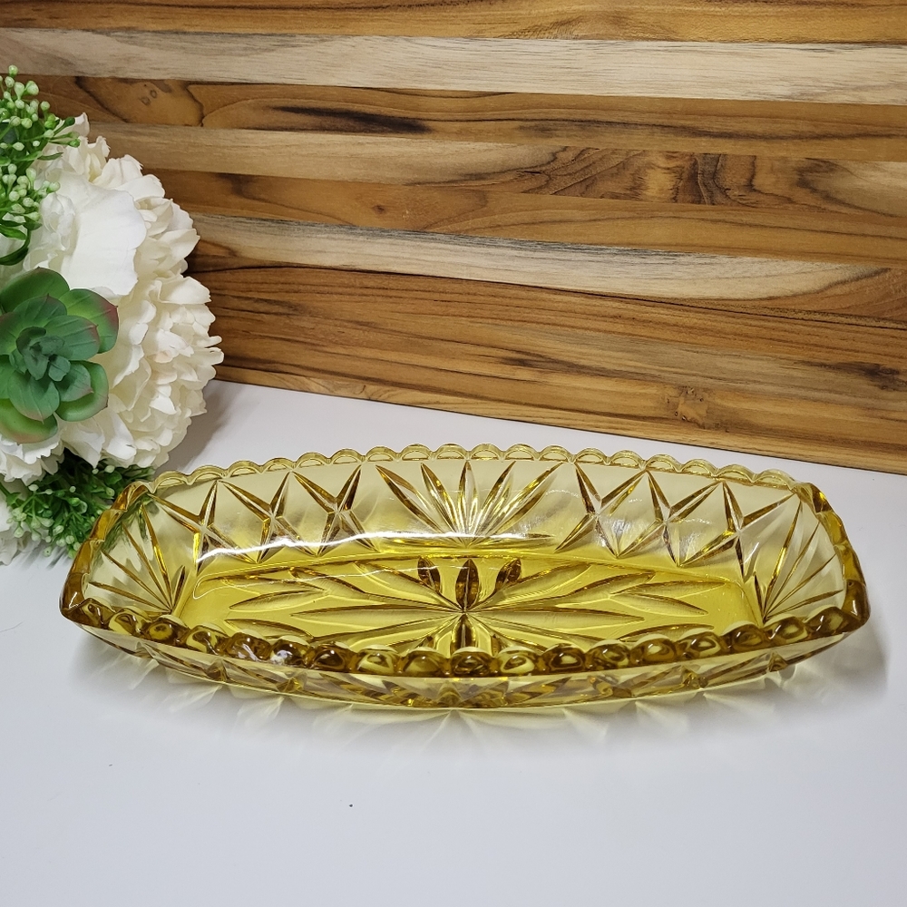 Vintage Amber Glass Diamond Pattern Relish Bowl - Trinket Dish